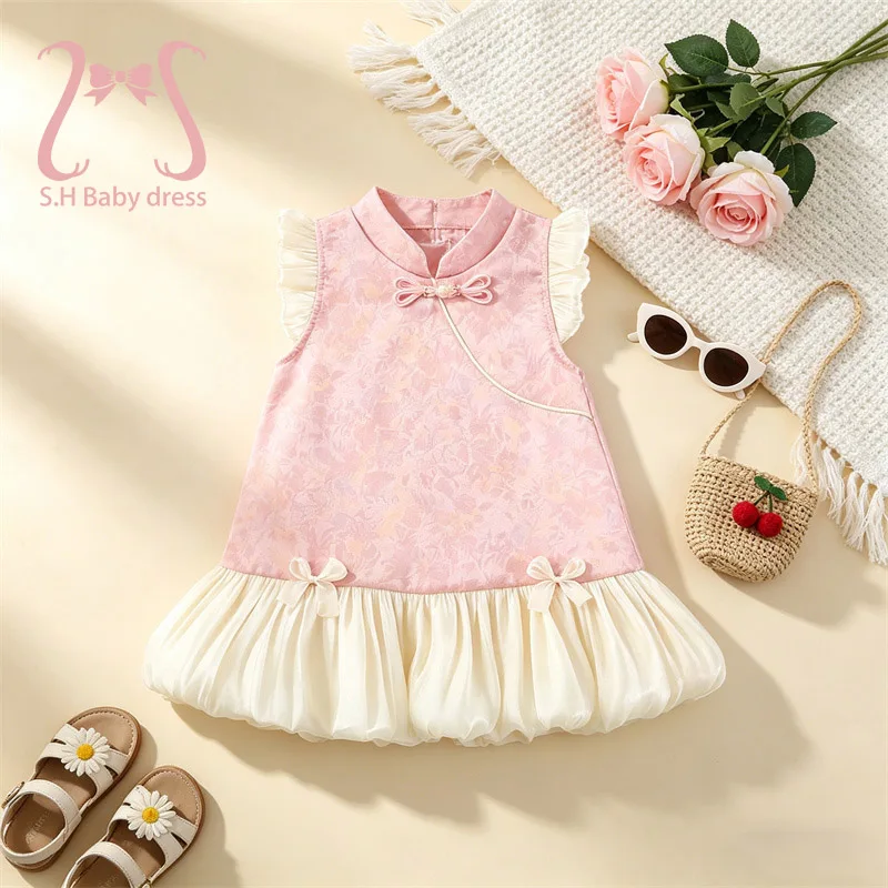 Toddler Baby Girls Cheongsam Style Dress Traditional Chinese Qipao Sleeveless Dress Sweet Newborn Bowknot Summer Party Dresses