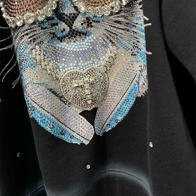 New Fashion Cartoon Cat Rhinestone Round Neck Women\'s Pullover Hoodie Beads Diamond-Embedded Cool Handsome Loose Top Sweatshirt