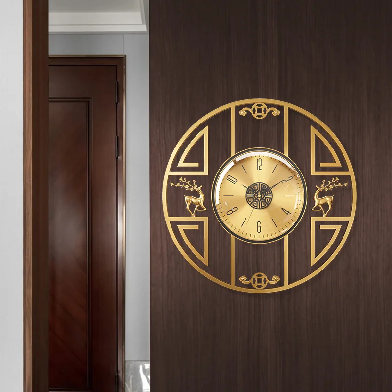 New Chinese brass creative wall clock living room personalized art watch high-end villa decorative silent