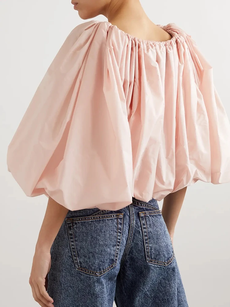 Pink Short Waistless Blouse Temperament Elegant Drawstring One Neck Bubble Sleeve Shrinking Pleated Blouse Women Shirt 2024 New