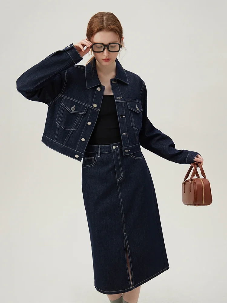 FSLE Retro Casual Denim Short Coat Skirt Suit for Women Spring High-street Style Straight Skirt  Loose Top Female Sets 24FS11302