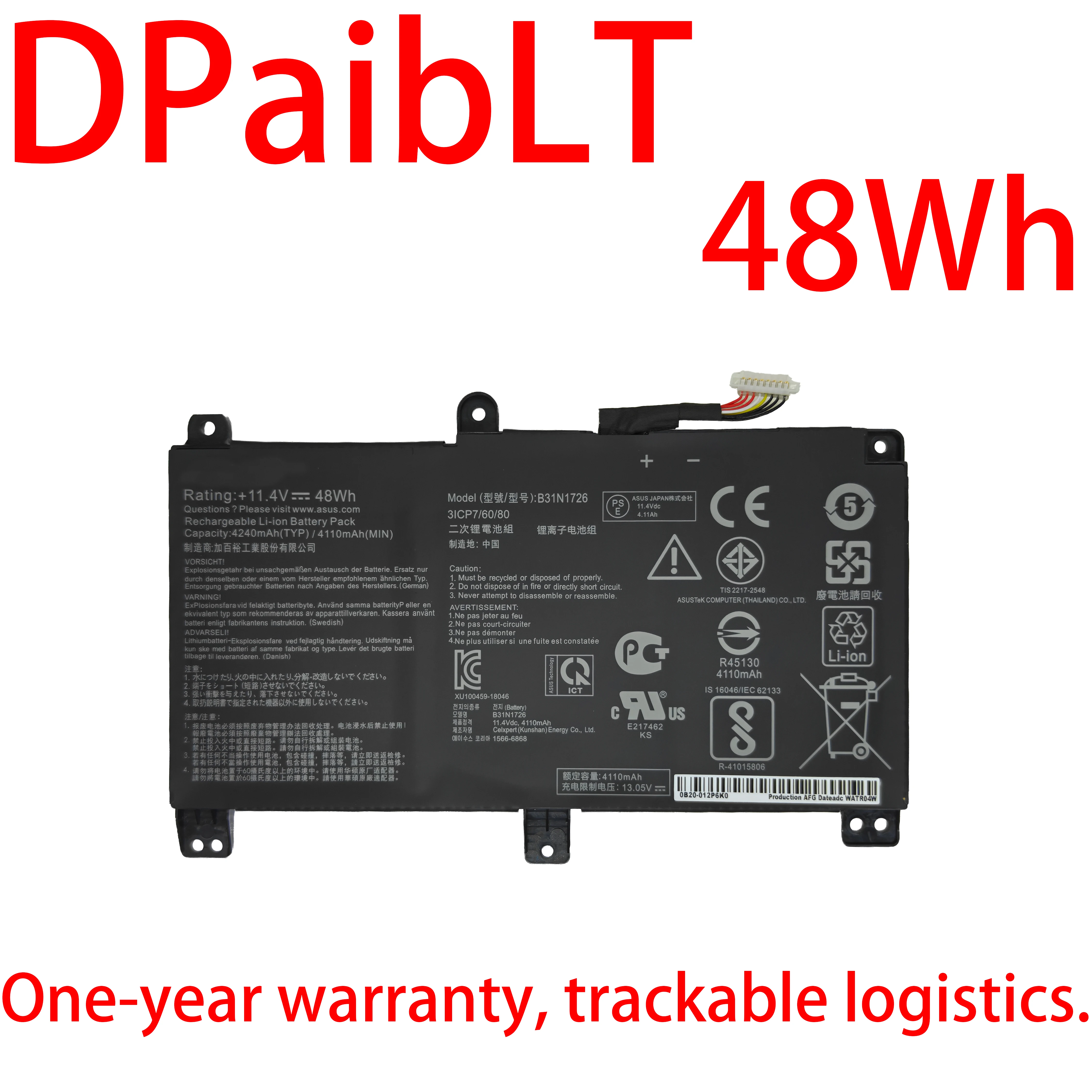 

DPaibLT NEW 48Wh 11.4V B31N1726 LAPTOP BATTERY for Asus FX80 FX86 TUF FX504 FX504G FX504GD FX504GE FX504GM FX505 FX505DT FX505DV