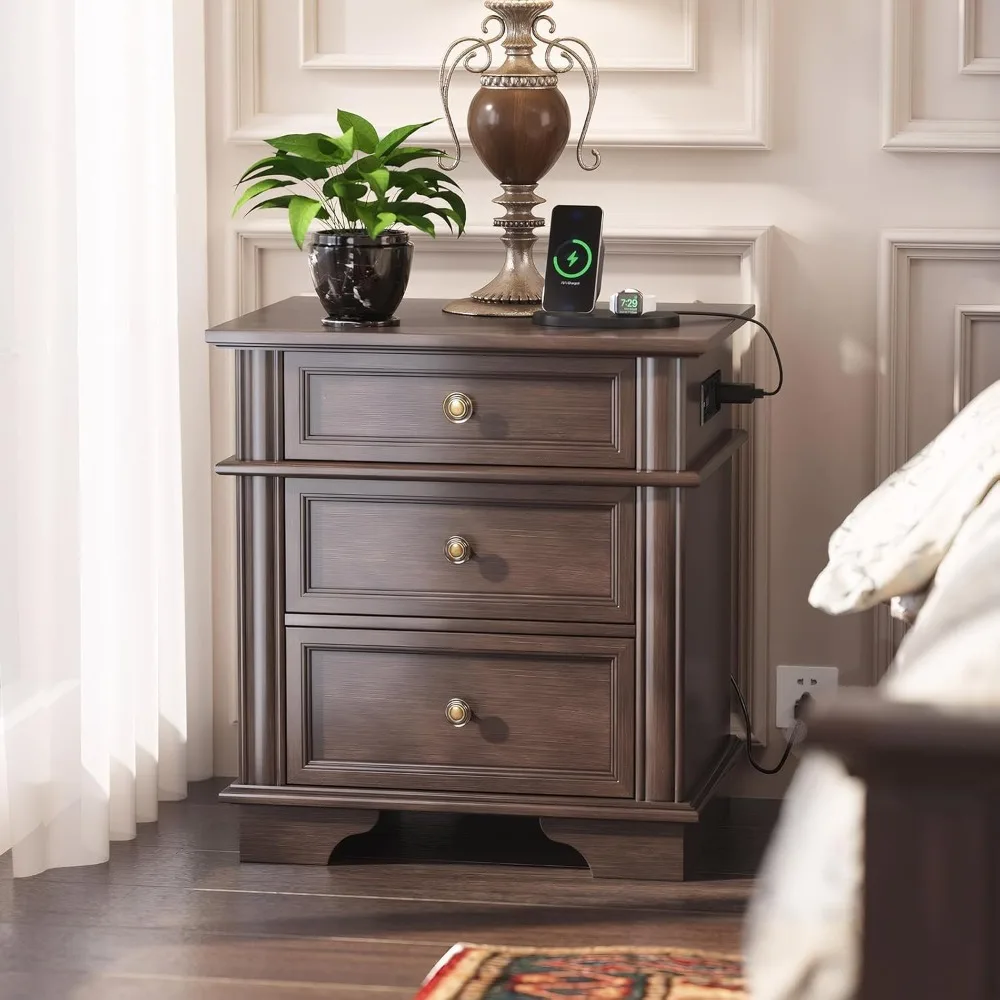 

24" W Nightstand with Charging Station, Wood Nightstand with Textured Drawers, Modern Bedside Table w/ USB Ports & Outlets