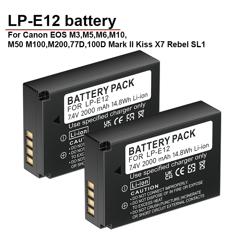 LP-E12 LPE12 LP E12 Baterías recargables para Canon EOS M3, M5, M6, M10, M50 M100, M200, 77D, 100D Mark II Kiss X7 Rebel SL1 Cámara