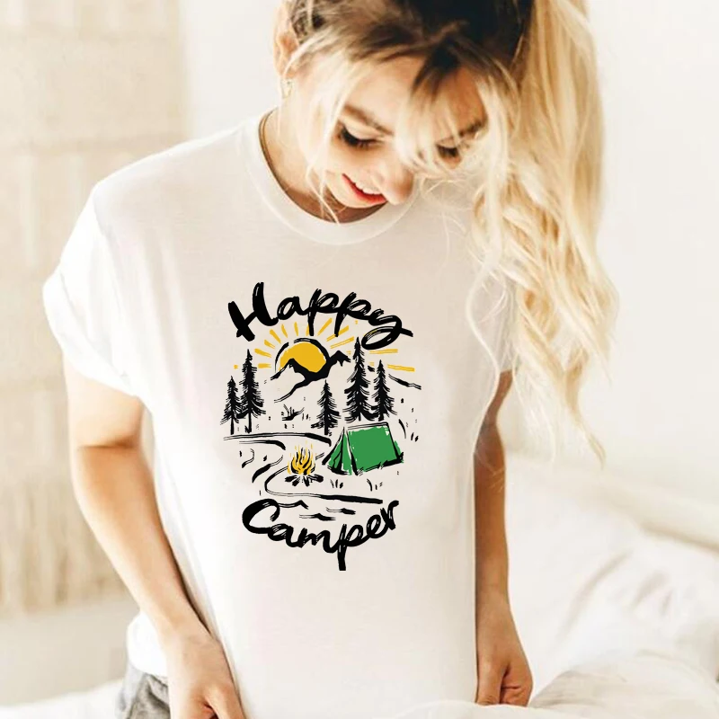 

Happer Camper Vintage T Shirt Women Inspired Religious Motivational Tshirt Sunshine Mountains Go Hiking Clothing Dropshipping