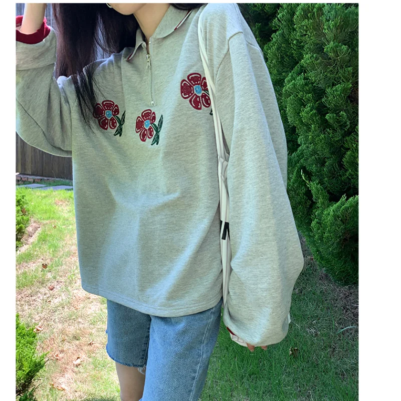 

Grey Crew Baggy Zipper Lapel Sweatshirt Women' Fleece Fashion Letter Letter Printing Street Lazy Wind Long Sleeves Pullover Top