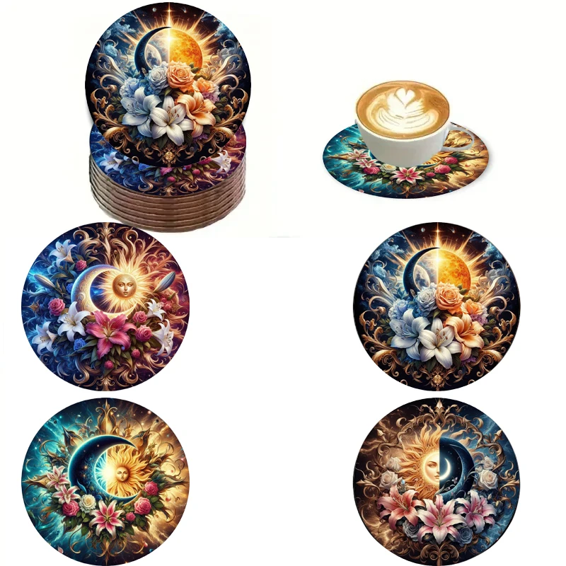 

Набор из 4 деревянных круглых подставок с теммами солнца, луны и цветами подходят для гостиных и рождественских подарков.