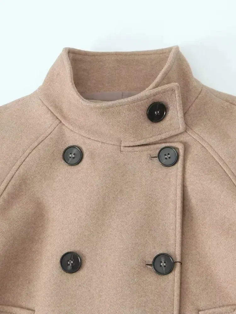 Nlzgmsj TRAF Elegant Woolen Coat Winter For Women Vintage Jacket Loose Stand Collar Double Breasted Warm Wool Jacket