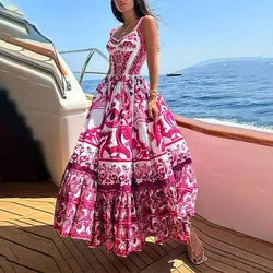 Retro Pattern Print Hem A-Line Long Dress Women Spring Elegant V Neck Backless Evening Dress Summer Sleeveless Sling Maxi Dress