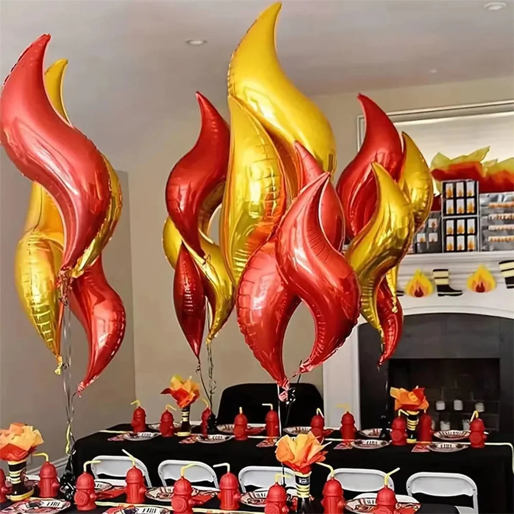 12pcs Flame Balloons 18inch S Shape Fire Balloon Fireman Sam Themed Balloons Boy Birthday Firefighter Themed Party Decorations