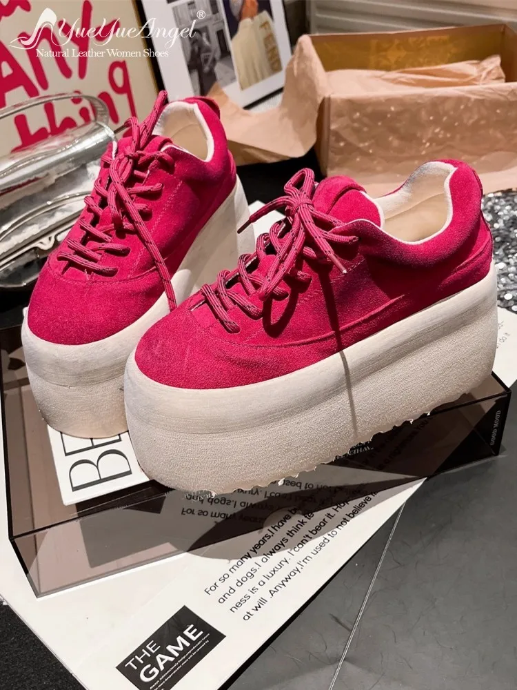 

Elegant Female Height Increase Cow Suede Leather Thick Platform Round Toe Lace-Up Pumps Comfortable Solid Color High Heels Shoes