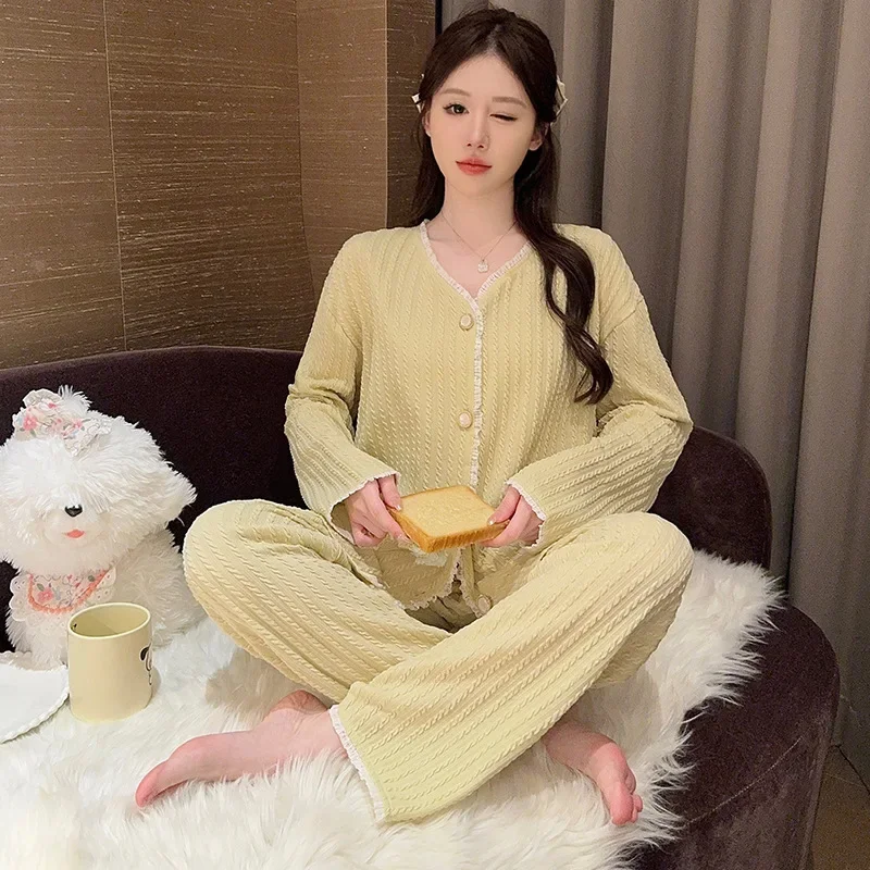 5XL большие размеры, хлопковые пижамы с длинными рукавами, корейская осенняя простая домашняя одежда, высококачественный брючный костюм, одежда для сна для отдыха, свободные пижамы