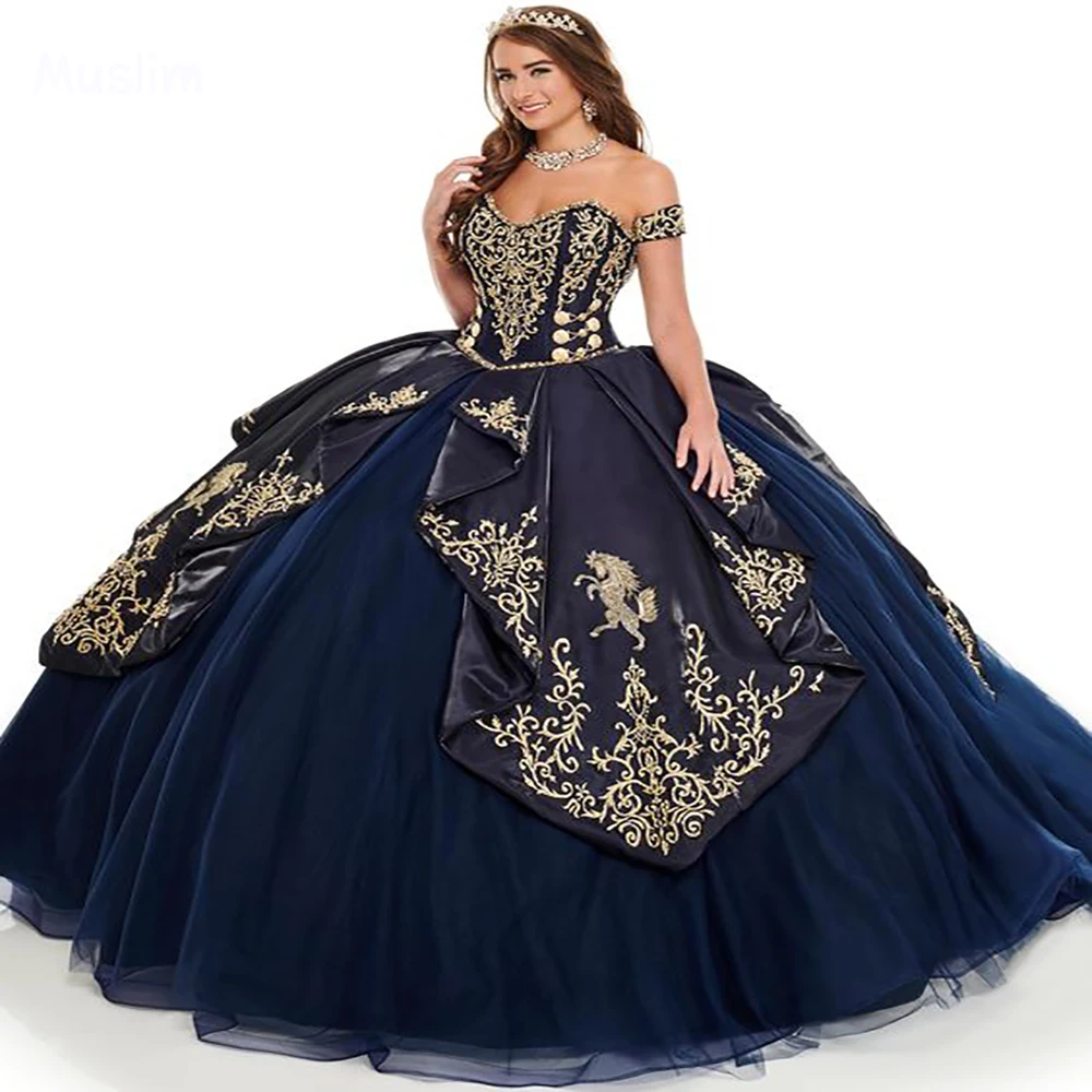 Abito Quinceanera ricamato blu Navy messicano 2022 corsetto allacciato dolce 16 abito abito da ballo abito da ballo Prom abiti da 15 ol