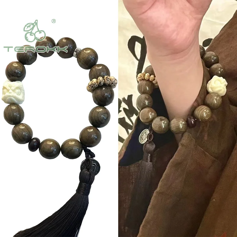 Sandalwood Bracelet Chinese Style Wood String Niche Awakened Lion Handheld Bracelet Crafts Retro Xingshi Buddha Beads Rosary