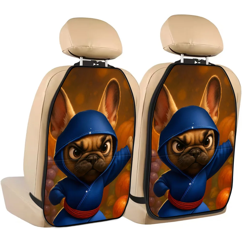 2pcs Cute French Bulldog Ninja Print Car Seat Back Covers With Storage Pockets, Rear Seat Kick Mats, Durable Fabric, Practical D