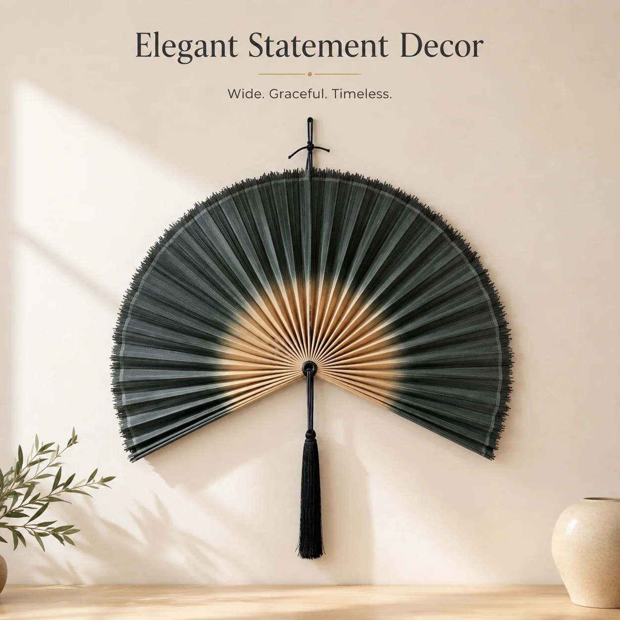 80cm Handmade Bamboo Wall Hanging Fan, Carbon Blue Gradient Large Decorative Fan with Tassel, Oriental Wall Ornament for Bedroom