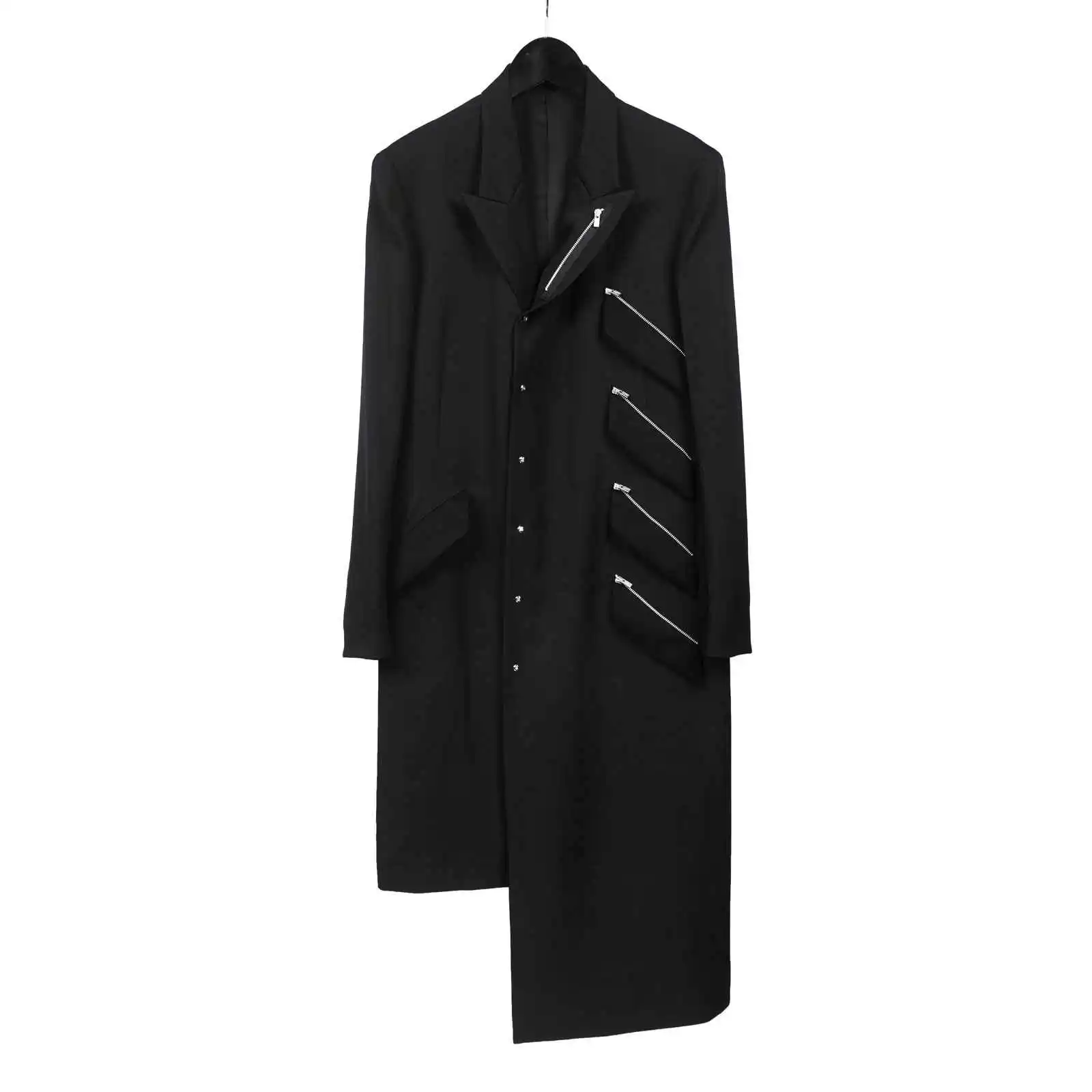 

TOP-YAMAMOTO Japanese original design Dark and niche black long-sleeved asymmetrical loose zipper trench coat