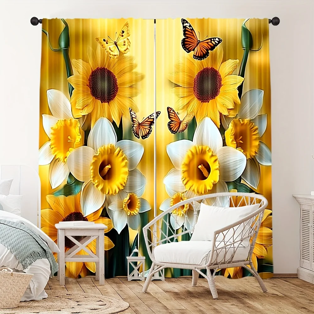 2PC Sunflower & Butterfly Print Curtains – Polyester, Pocket Rod Top for Bedroom, Living Room, Office – All-Season Home Decor