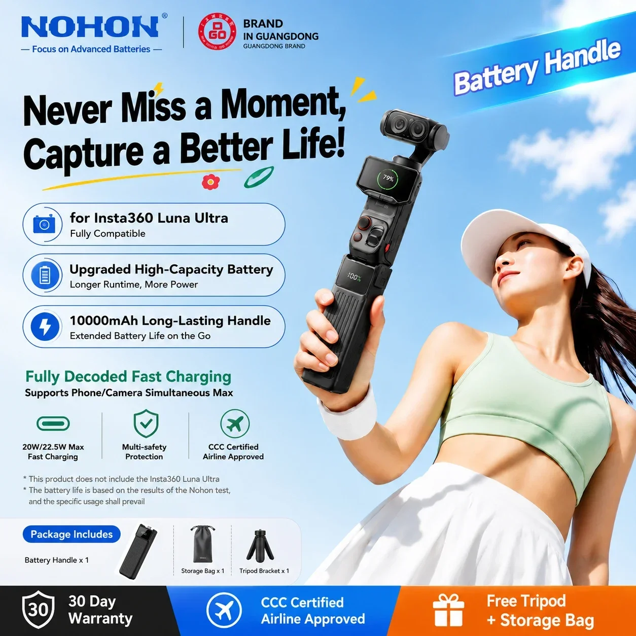 NOHON Battery Handle For Insta360 Luna Ultra 5000/10000mAh CCC Power Bank For Insta360 Luna Ultra Gimbal Vlog Camera
