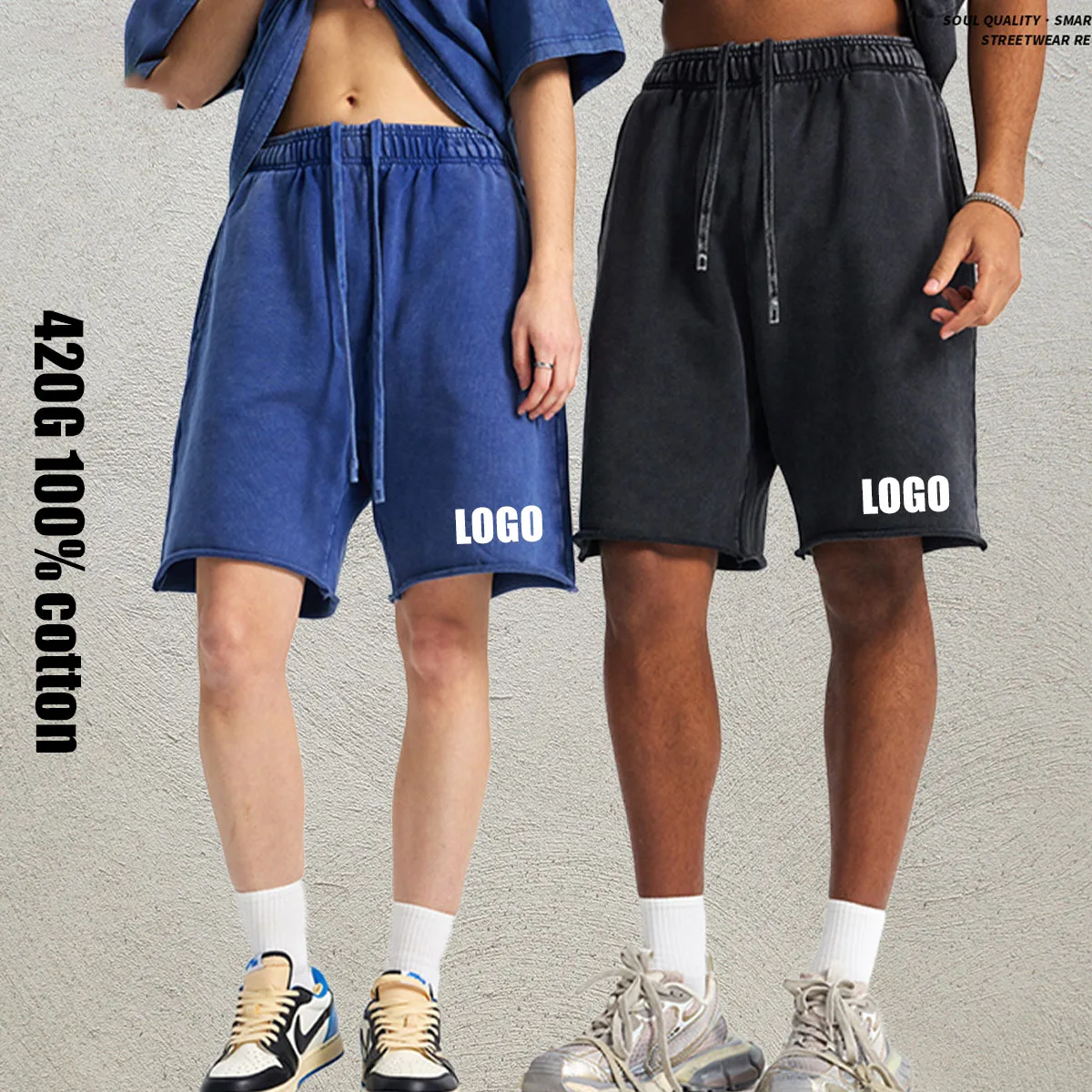 Customized LOGO Men's 2025 Batik Washing Water 420g Heavy 100% Cotton Old Men's and Women's Shorts Retro Couple Pants