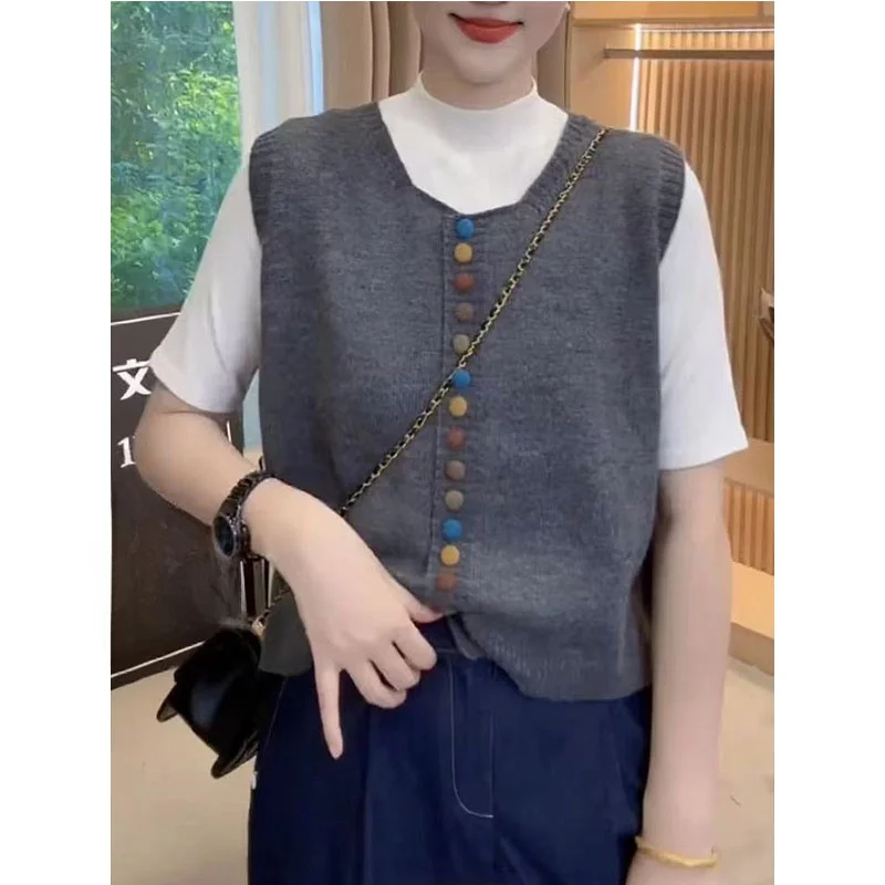 

Slimming Knitted Sweater Vest Women's round Ne Rainbow Bule 2024 Autumn Season Versatile Layering Top Quali Faion