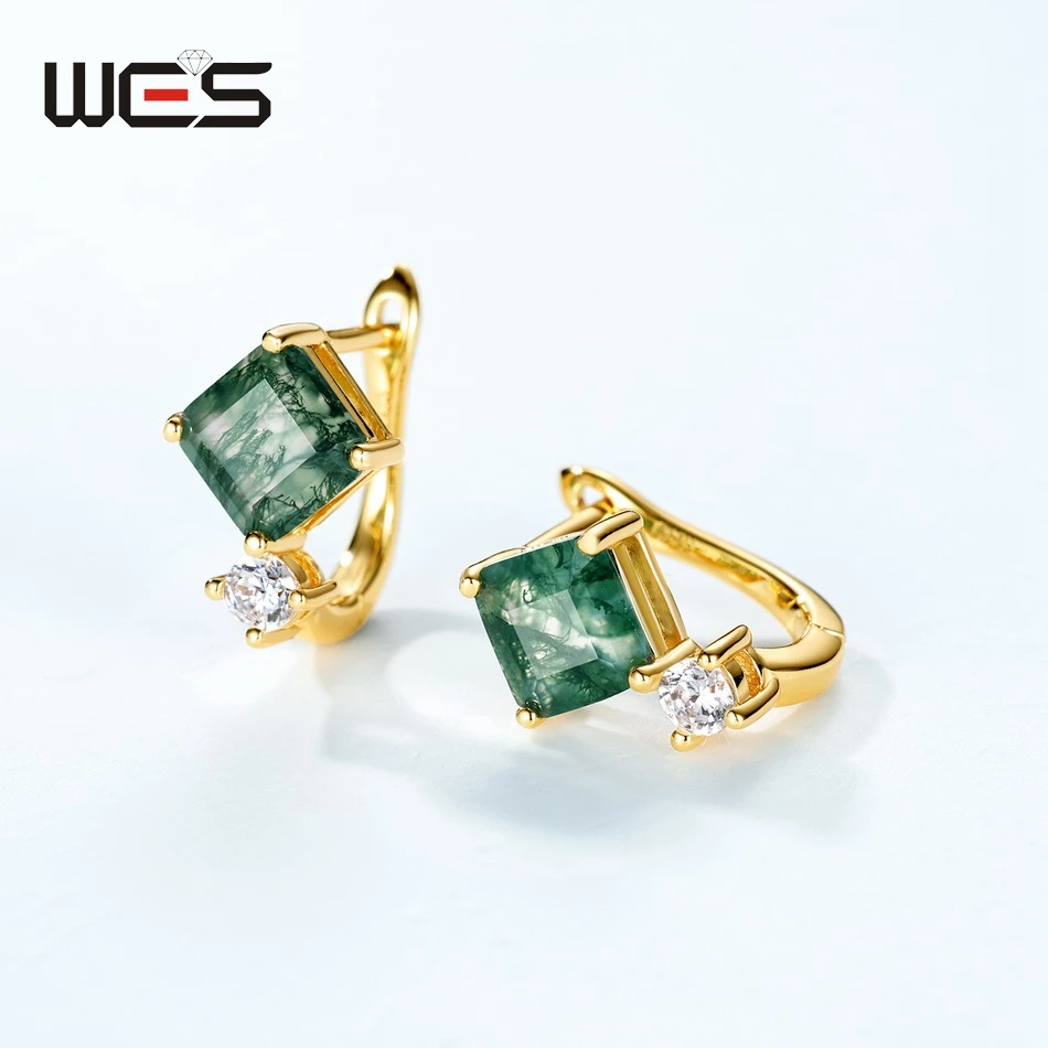 

WES 925 Sterling Silver Crystal Unique Natural Moss Agate Earrings for Woman Gold Plated Luxury Jewelry Gift Anniversary Trendy