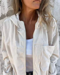 2024 Fashion Leisure Women's Hot Selling New Pure Color Jacket Women's Simple Style Corduroy Hooded Jacket