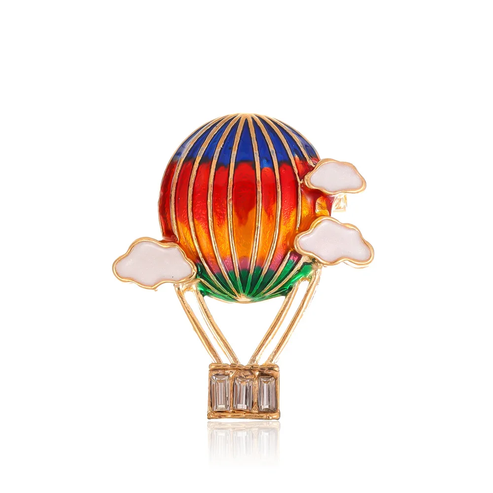 New Korean version hot air balloon drip oil brooch, fashionable cartoon inlaid with diamonds, colorful cloud flower clothing acc