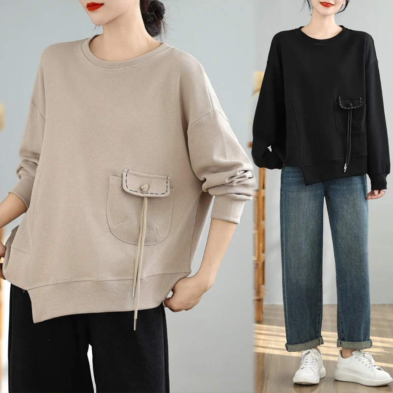 

Женский свитшот больших размеров длиной до плеч, круглый, свободный крой, повседневный, в стиле пэчворк, осенняя мода, удобный полиэстер