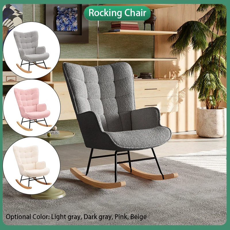 Anajqaqia Chaise à bascule de loisirs, chaise à bascule à dossier à carreaux avec base en bois, tissu en velours Teddy