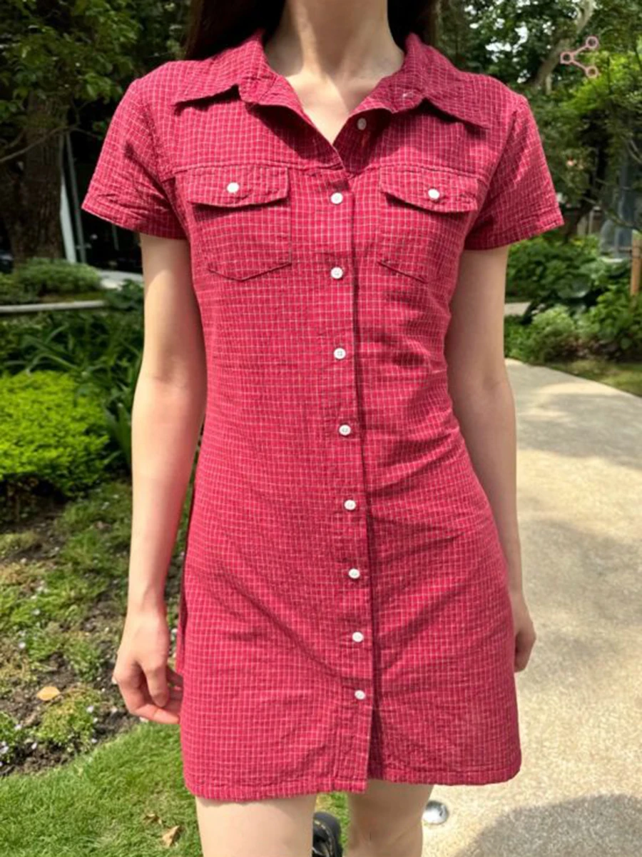 Red Plaid Pockets Mini Dress Woman Turn Down Collar Single Breasted Short Sleeve Vestidos Vintage Sweet Cotton Shirt Dresses Y2k