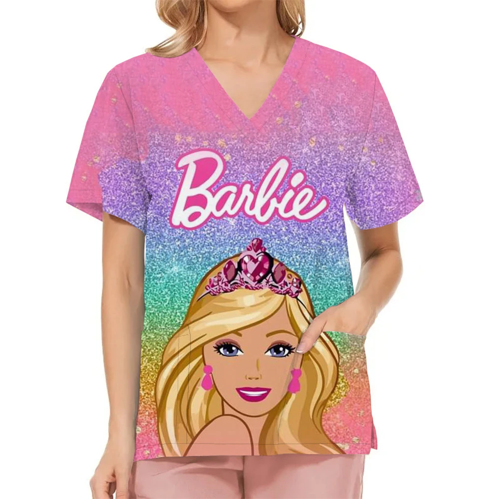 

Women Scrub Tops Caps Doctor Barbie Cartoon Print Dentist Shirt Dental Uniform Nurse Doctor V-Neck Hospital Medical Blouse SPA