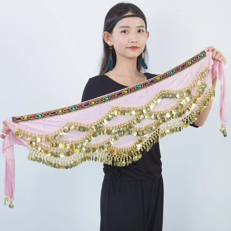 Costume de danse du ventre pour femmes, écharpe de hanche, accessoires, ceinture, jupe, pièces de monnaie, écharpe en soie, chaîne de taille, vêtements de danse en cristal pour adultes