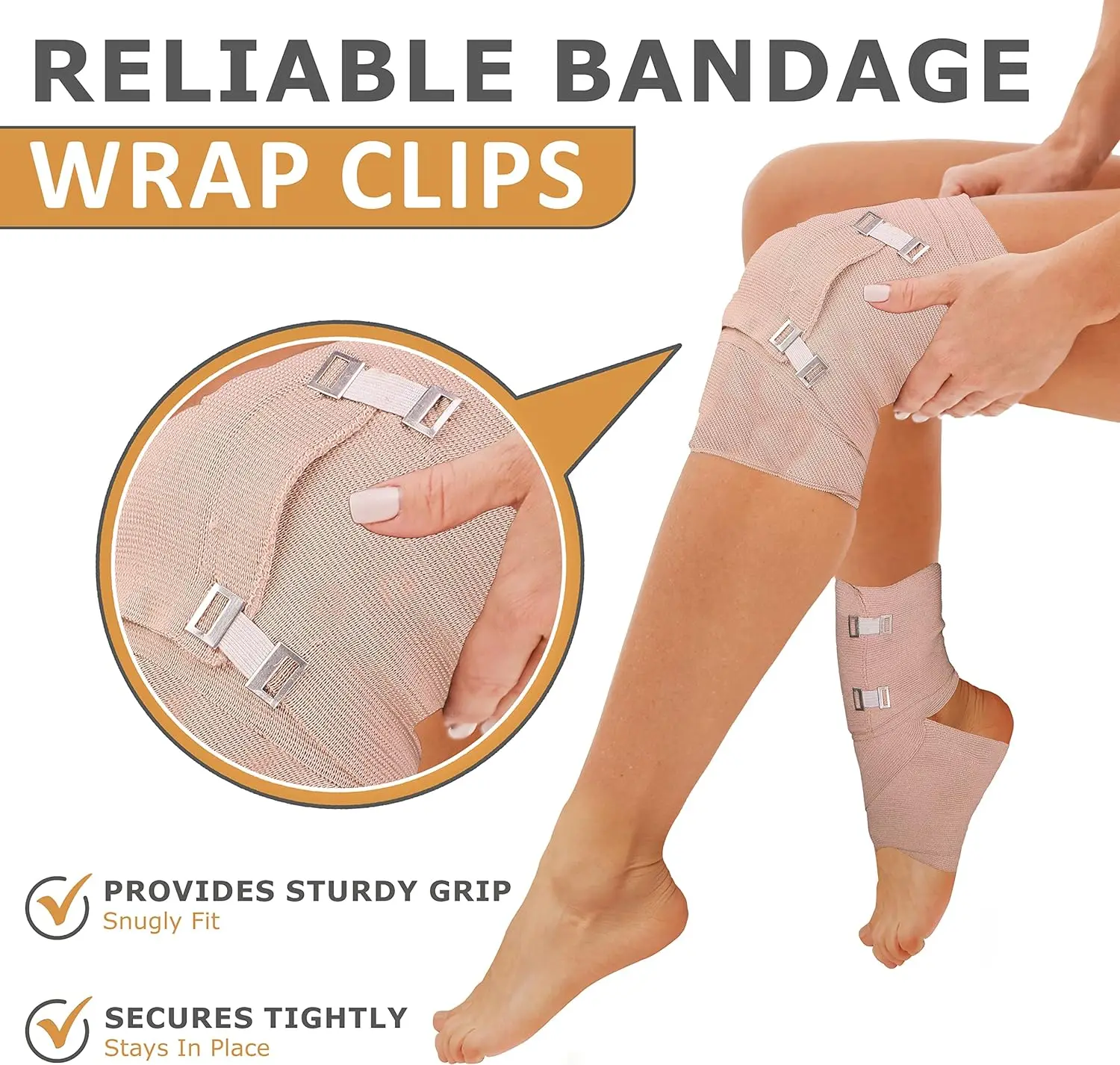 Bandage élastique rond, lot de 4 rouleaux de bandage de compression de qualité supérieure + 10 clips supplémentaires, 2 rouleaux de chaque taille (4 po et 3 po x 5 pieds)