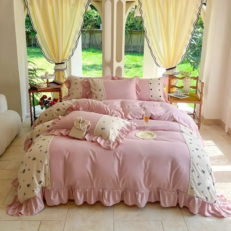 Korean Princess Style Chiffon Bedding Set 100% Cotton Elegant King Size Duvet Cover Set with Sheets Quilt Cover and Pillowcases