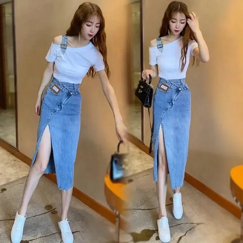 Pop Pop Korean Women Leisure T-shirt Denim Skirts Lady High Waisted Slit Jeans Long Skirts Summer Female Fashion Cowboy Maxi Ski