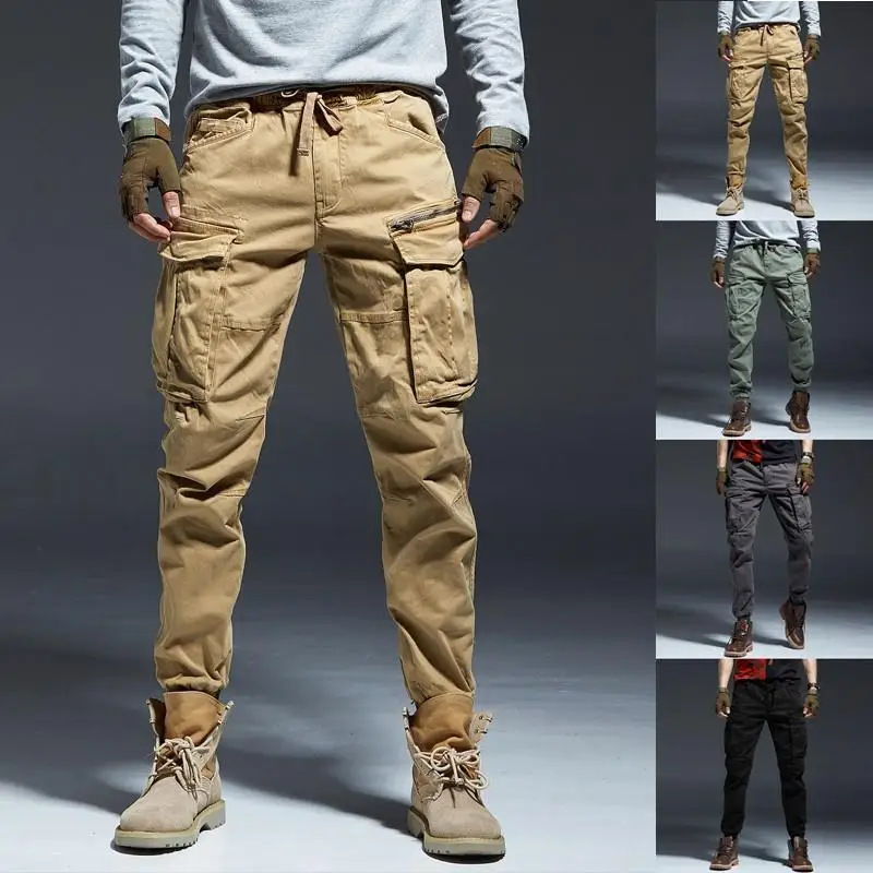 

Men Cargo Pants Spring Autumn Casual Muti Pocket Cotton Slim Drawstring Elastic Waist Long Outdoor Joggers Street Wear