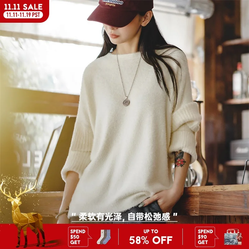 

MADEN Women Imitation Mink Sweater 2024 New Autumn Winter Long Sleeve Round Neck Warm Knitwear Loose Fit Beige Pullover Sweater