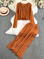 Autumn Women Elegant Casual Knitted Skirt Suit Hollow Out V-Neck Tank Tops Sexy Slim Midi Saya Two Piece Set Female Outfits New