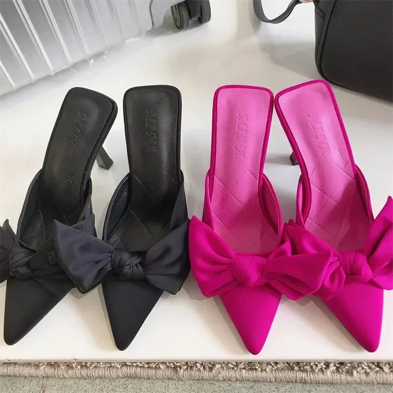 New Style Butterfly-knot Mules Women Slippers Elegant Pointed Toe Thin High Heels Ladies Summer Fashion Party Prom Shoe