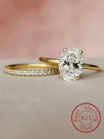 925 Sterling Silver Luxury Golden Oval Zircon Stackable Set Ring For Women Engagement Wedding Fashion High Quality Fine Jewelry