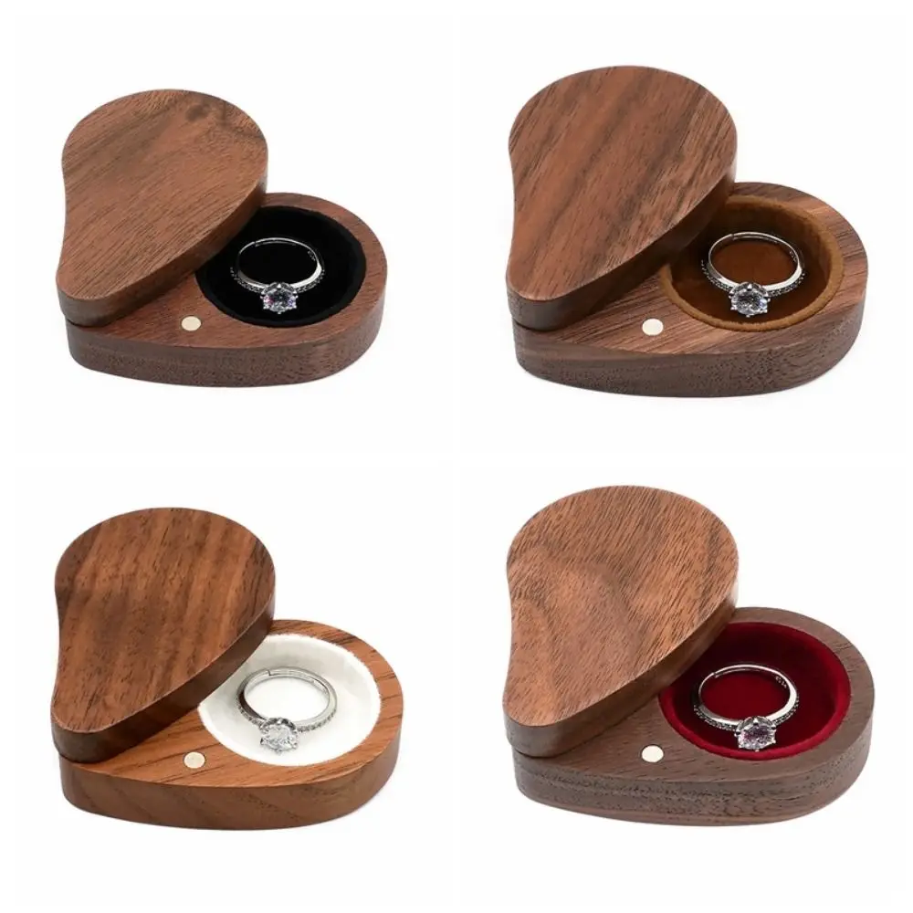 

Walnut Wood Engagement Ring Box Heart Shape Magnetic Cover Wooden Jewelry Box Reusable Durable Earring Storage Box