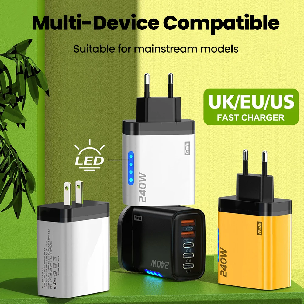 240 واط 5 منافذ 2USB + 3 نوع C شحن سريع LED شاحن الهاتف المحمول لشاومي هواوي آيفون سامسونج USB C الولايات المتحدة/الاتحاد الأوروبي مهايئ شاحن