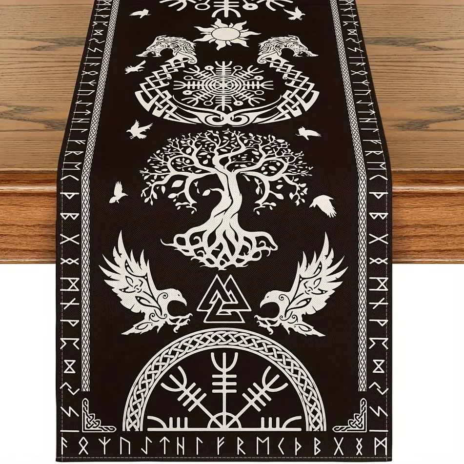 Black Viking Tree Of Life Raven Helmet Table Runner Rectangular Norse Myth Symbol Birds Feathers For Restaurant Home Party Decor