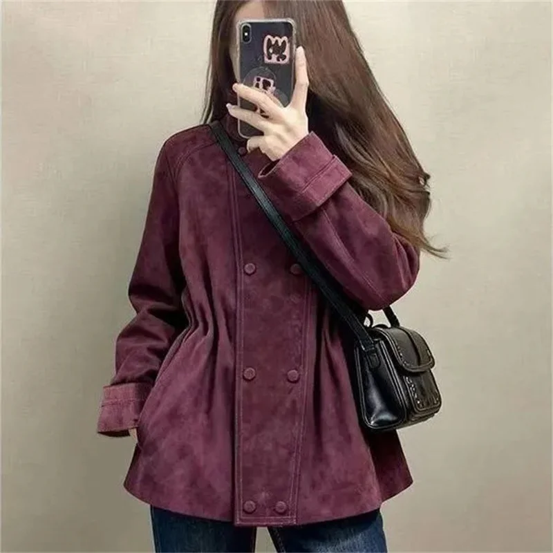 

Women 2026 New Beautiful Purple Jacket Coat Stand Collar Waist Hugging French Fashion Spring Autumn Winter Jacket Outerwear