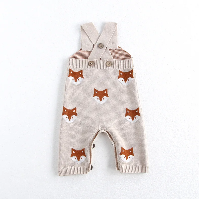 MiniAinis Autumn Winter New Baby Knitted Cotton Overalls Girls Fox Pattern Jumpsuit Boys Knit Sleeveledd Romper Newborn Clothes