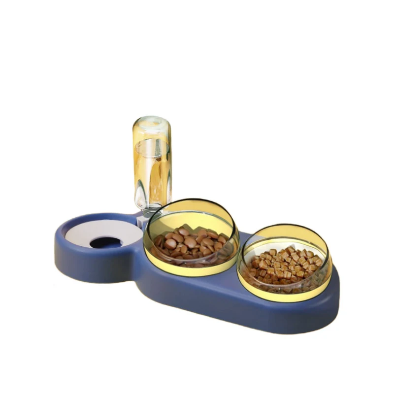 Cat Bowl Pet Feeder Anti-Tip Double Bowl Large Diameter Integrated Cat Bowl Made Of PP+PC Material with Drinking Fountain