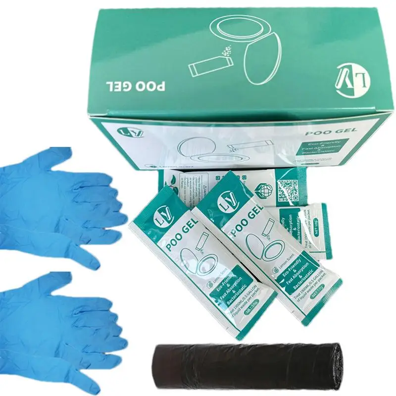 Portable Toilet Gel 20X Effective Portable Poop Powder With 2 Gloves Multifunctional Urine Solidifier With 15 Cleaning Bags