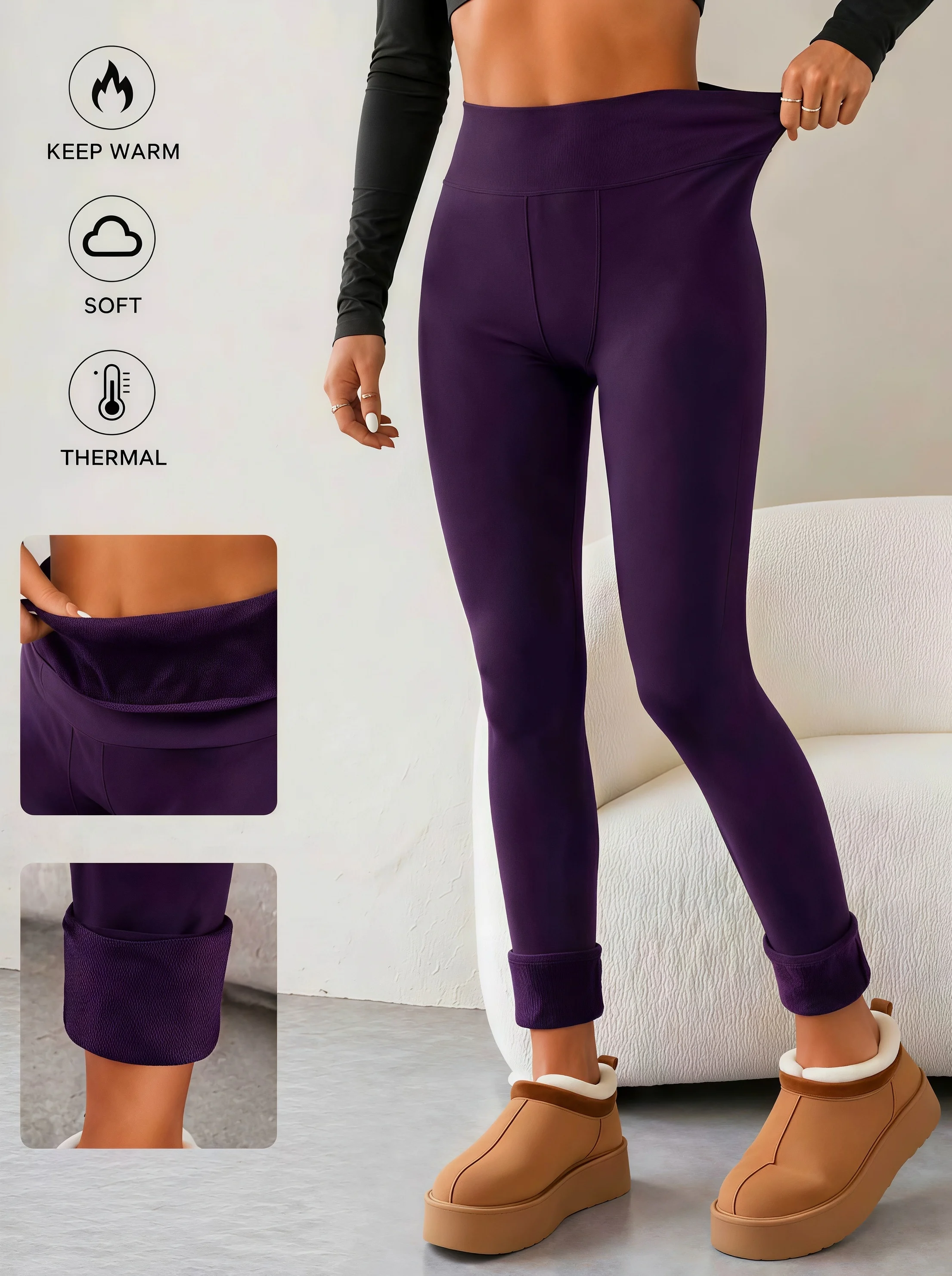 1er-Pack Lila Hochgeschnittene Fleece-Gefütterte Thermo-Leggings Weiche Dehnbare Warme Slim-Hosen für Kaltes Wetter Outdoor – Detail 5