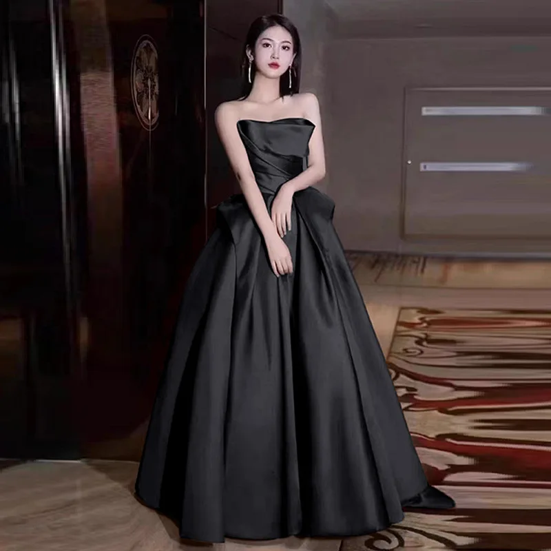 Black Strapless Sleeveless Satin One Shoulder Evening Dress New Item Niche Annual Meeting Art Exam Dress Host High Waisted Dress - Image 3